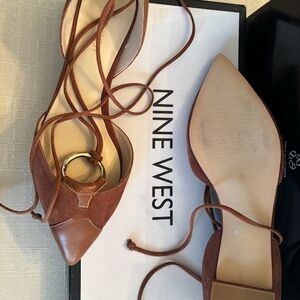 Nine West Brown Pointed Lace-Up Flats with Gold Ring